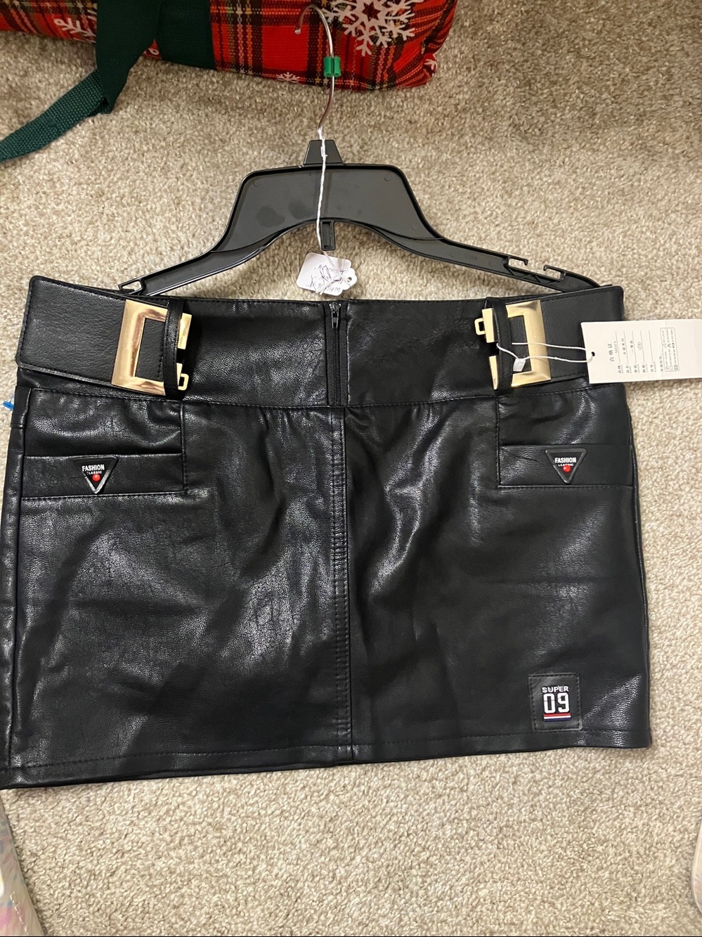 Black Faux Leather Mini Skirt with Gold Buckle Belt - Picture 7 of 9